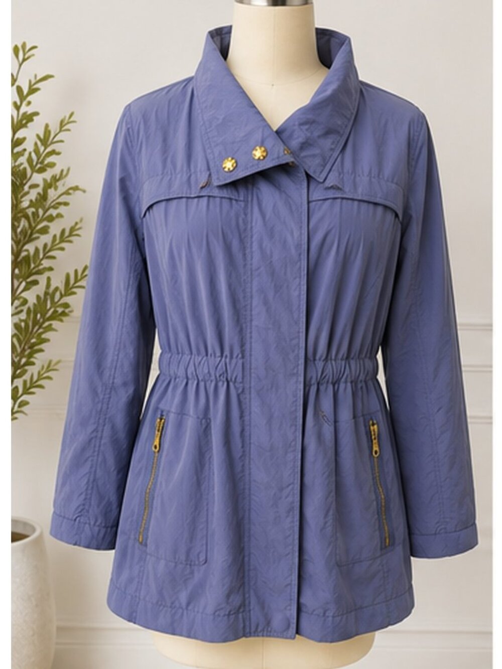 SEVEN7 Women’s Raincoat Jacket Size L Blue Nylon Zip Away Hood Lightweight